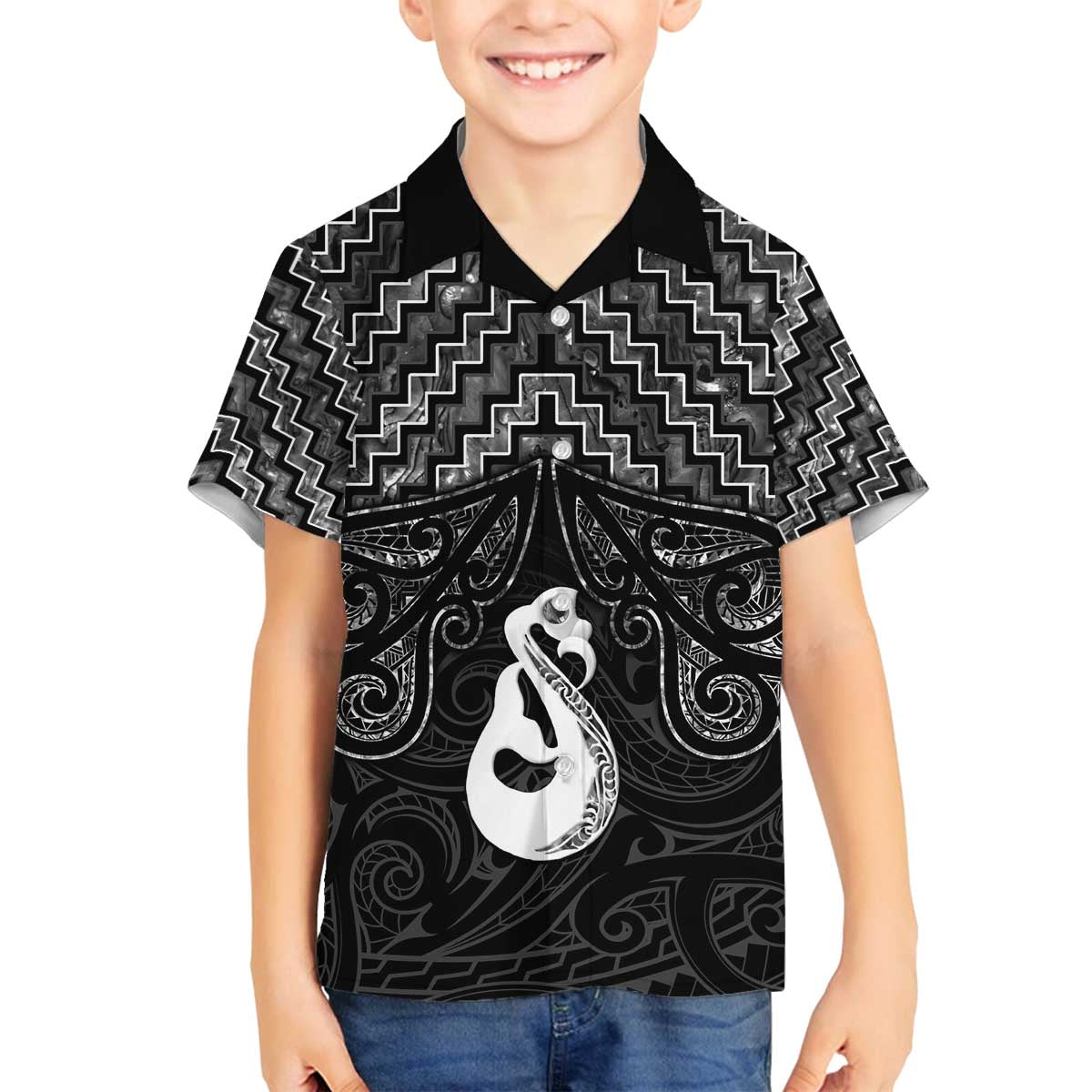 New Zealand Maori Family Matching Off The Shoulder Long Sleeve Dress and Hawaiian Shirt Poutama Manaia Black Paua Shell LT05 Son's Shirt Black - Polynesian Pride