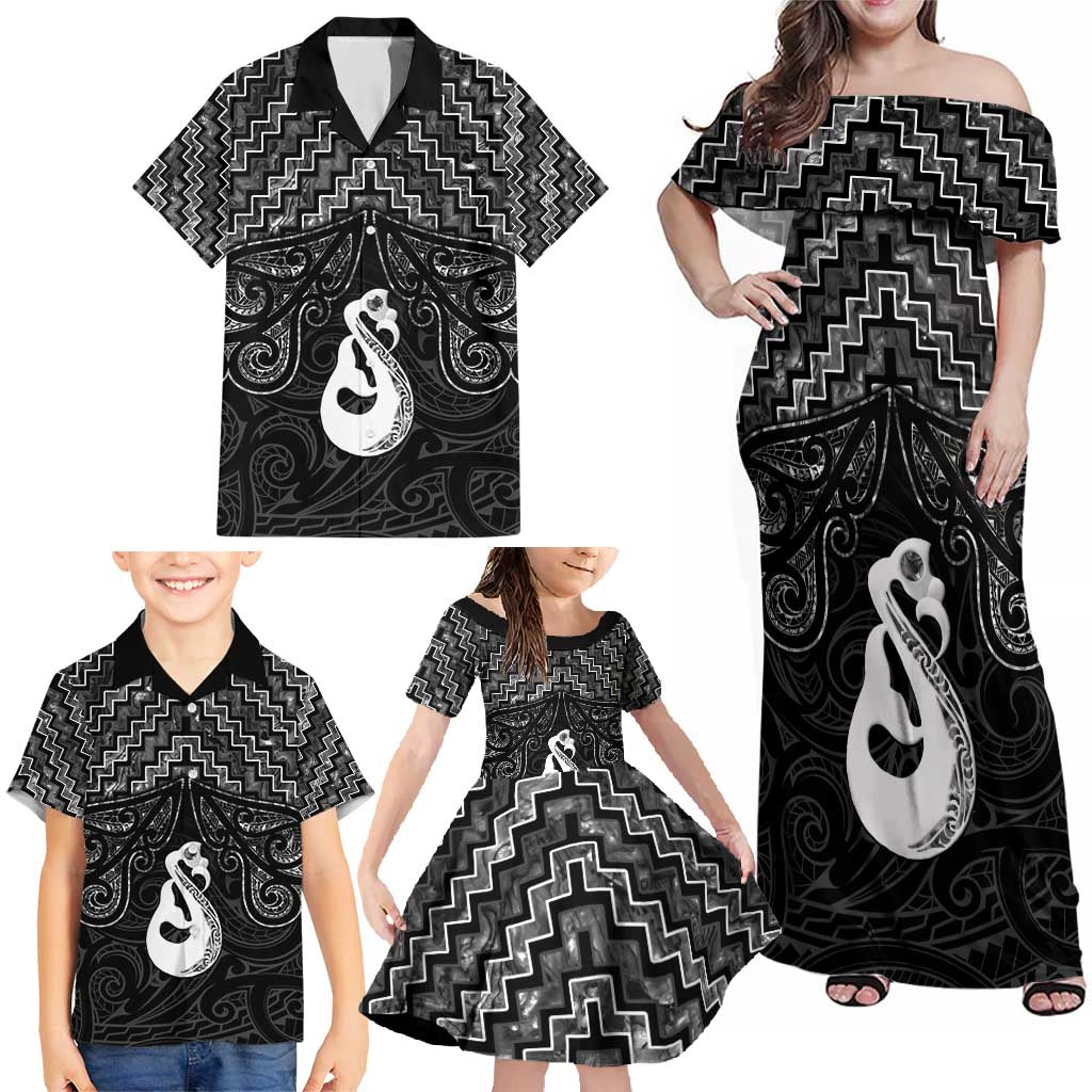 New Zealand Maori Family Matching Off Shoulder Maxi Dress and Hawaiian Shirt Poutama Manaia Black Paua Shell LT05 - Polynesian Pride