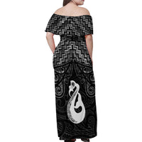 New Zealand Maori Family Matching Off Shoulder Maxi Dress and Hawaiian Shirt Poutama Manaia Black Paua Shell LT05 - Polynesian Pride