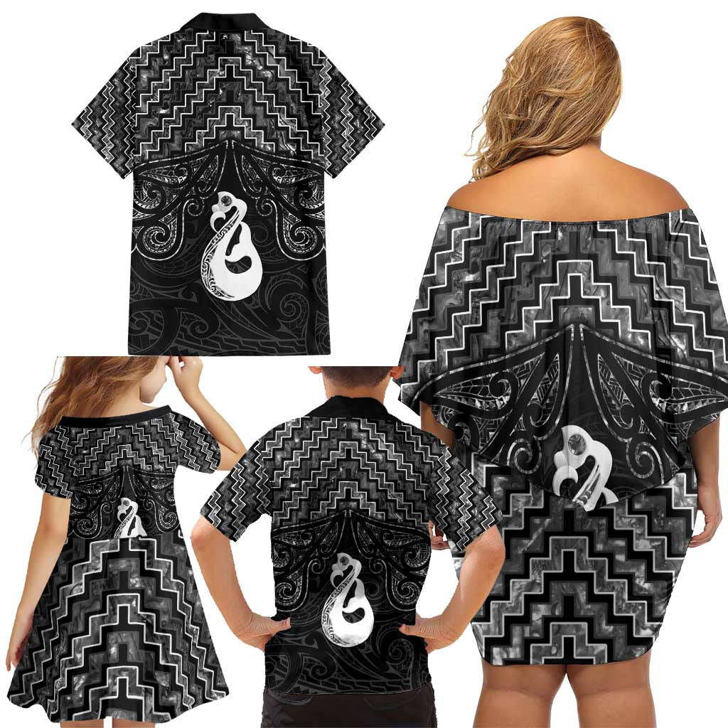 New Zealand Maori Family Matching Off Shoulder Short Dress and Hawaiian Shirt Poutama Manaia Black Paua Shell LT05 - Polynesian Pride