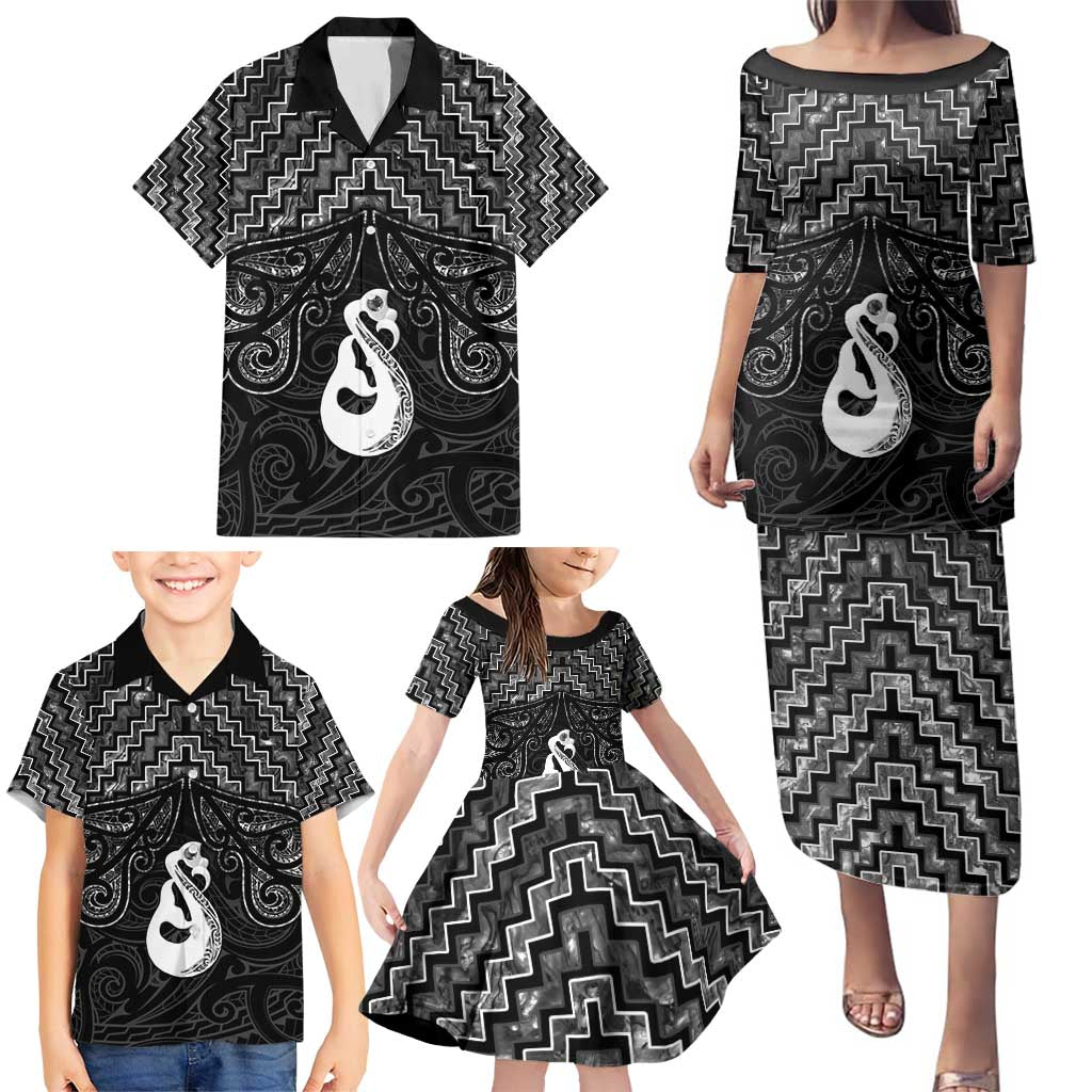 New Zealand Maori Family Matching Puletasi and Hawaiian Shirt Poutama Manaia Black Paua Shell LT05 - Polynesian Pride