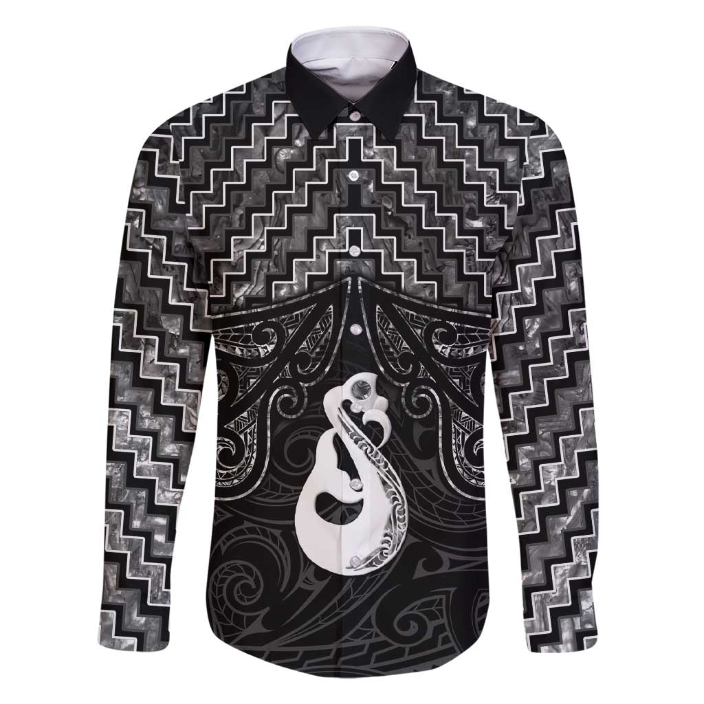 New Zealand Maori Family Matching Short Sleeve Bodycon Dress and Hawaiian Shirt Poutama Manaia Black Paua Shell LT05 Dad's Shirt - Long Sleeve Black - Polynesian Pride