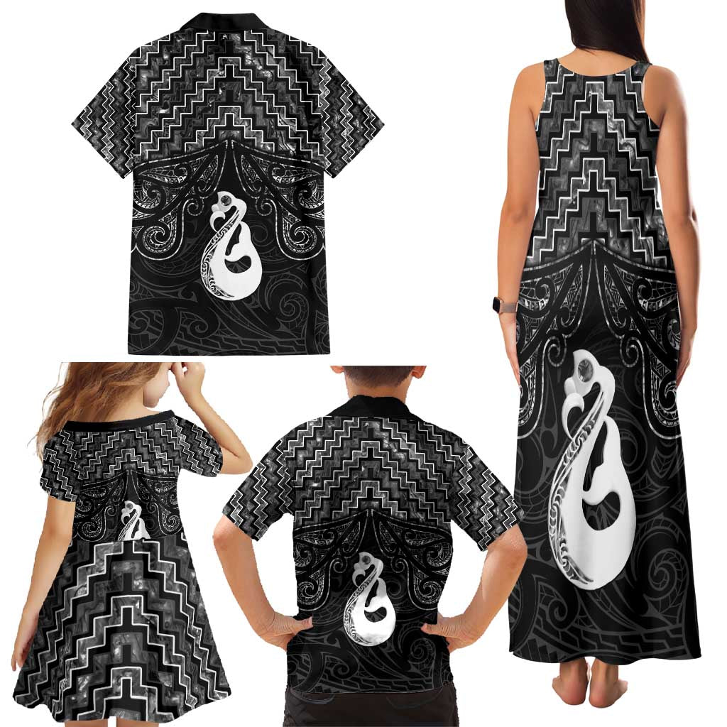New Zealand Maori Family Matching Tank Maxi Dress and Hawaiian Shirt Poutama Manaia Black Paua Shell LT05 - Polynesian Pride