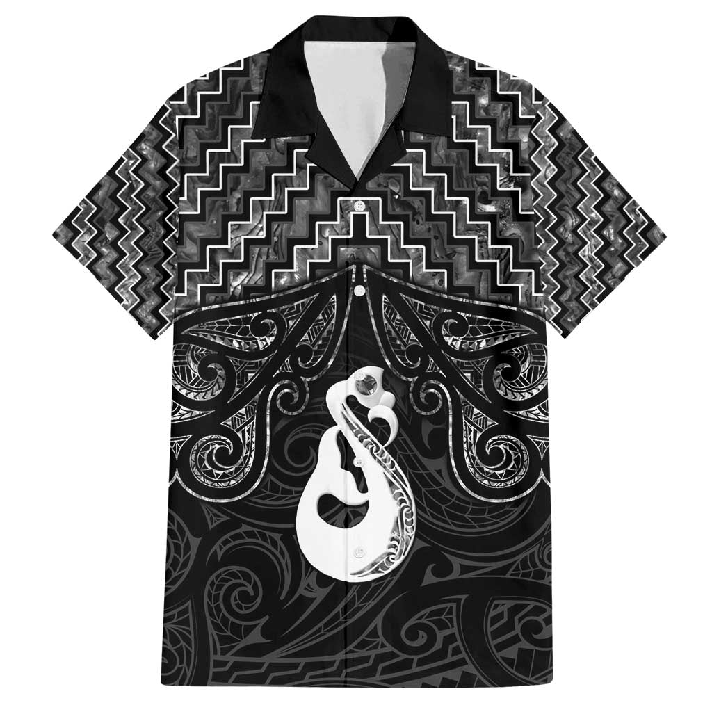 New Zealand Maori Family Matching Tank Maxi Dress and Hawaiian Shirt Poutama Manaia Black Paua Shell LT05 Dad's Shirt - Short Sleeve Black - Polynesian Pride