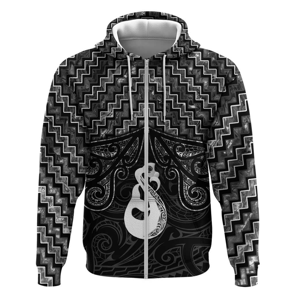 New Zealand Maori Hoodie Poutama Manaia Black Paua Shell