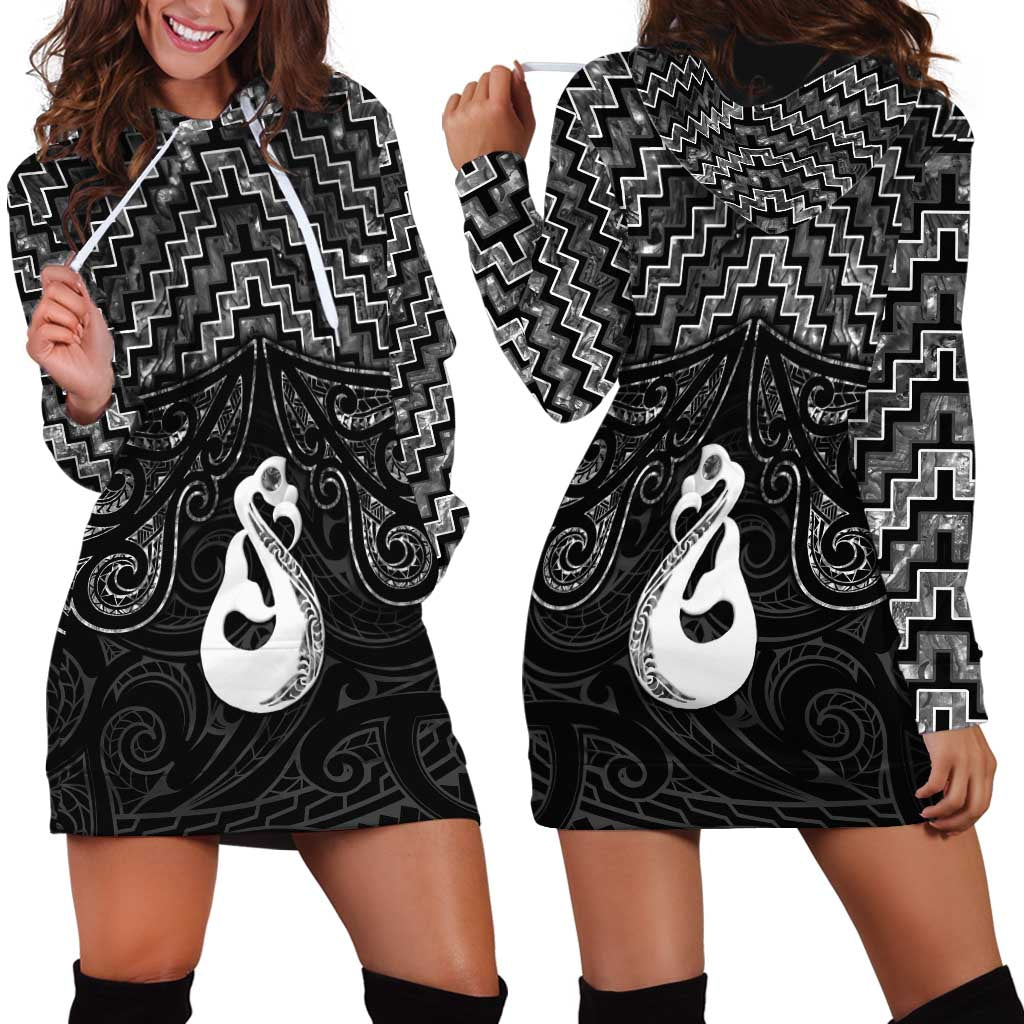 New Zealand Maori Hoodie Dress Poutama Manaia Black Paua Shell LT05 - Polynesian Pride