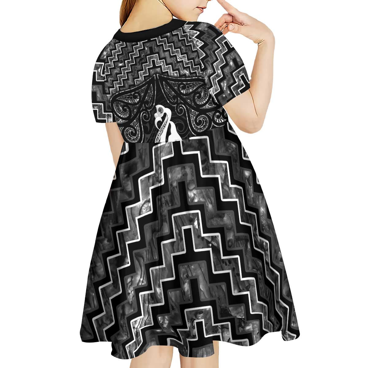 New Zealand Maori Kid Short Sleeve Dress Poutama Manaia Black Paua Shell LT05 - Polynesian Pride