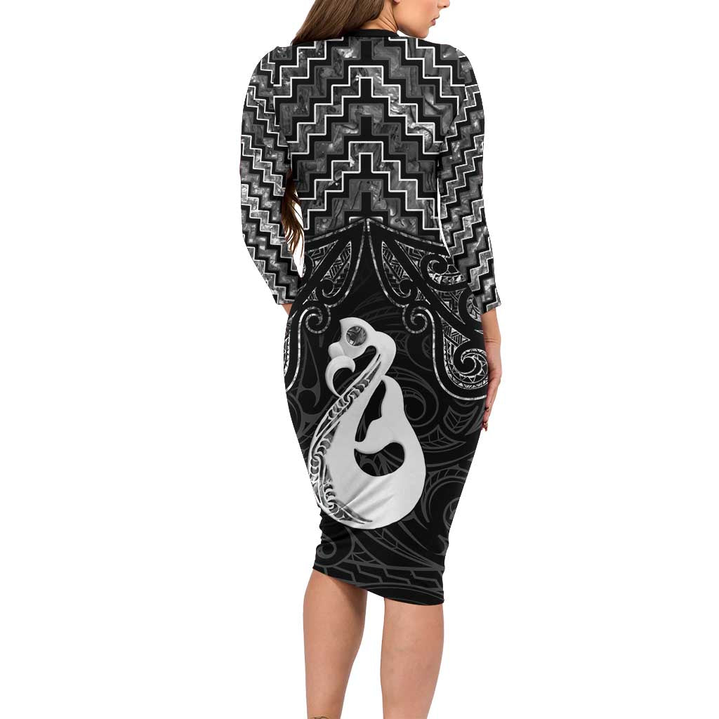 New Zealand Maori Long Sleeve Bodycon Dress Poutama Manaia Black Paua Shell LT05 - Polynesian Pride