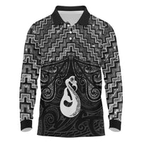 New Zealand Maori Long Sleeve Polo Shirt Poutama Manaia Black Paua Shell LT05 Black - Polynesian Pride