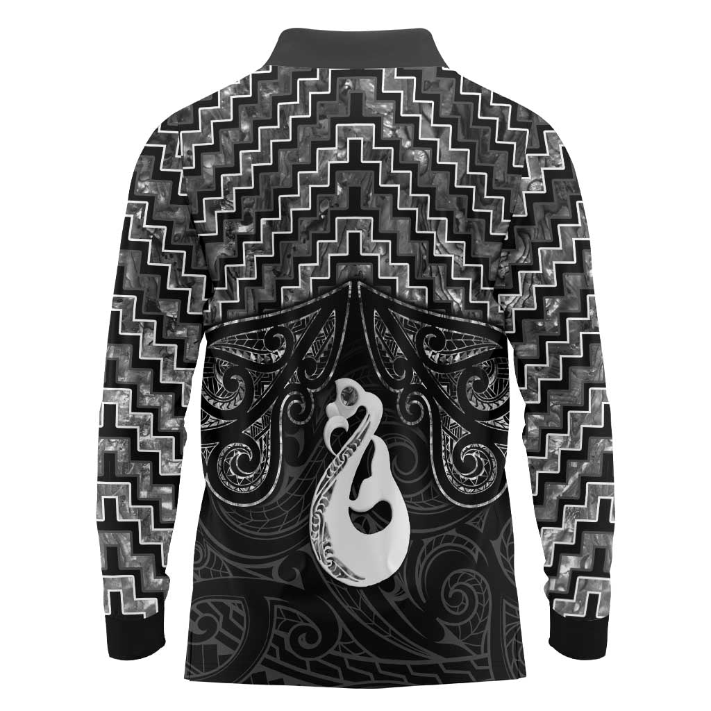 New Zealand Maori Long Sleeve Polo Shirt Poutama Manaia Black Paua Shell LT05 - Polynesian Pride