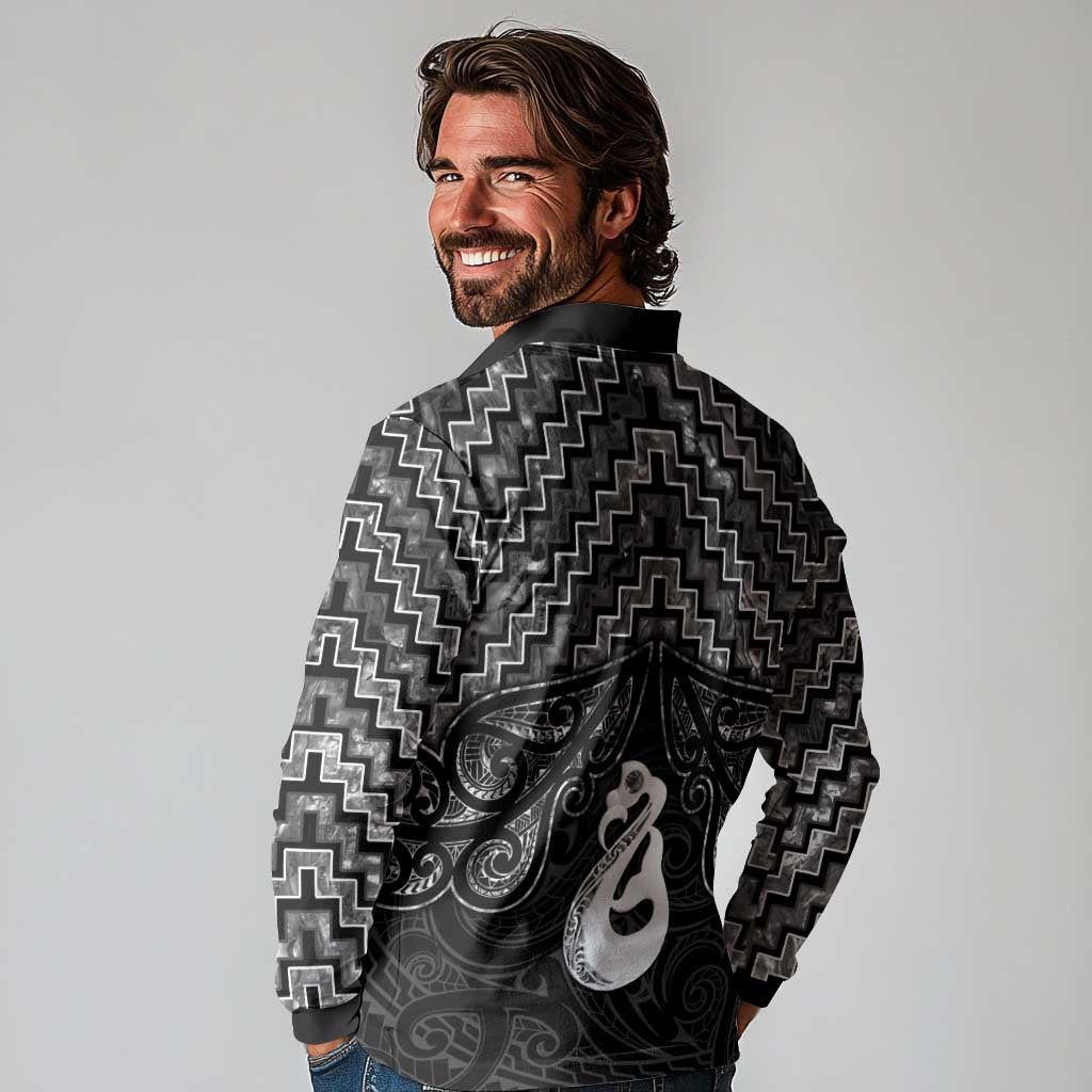 New Zealand Maori Long Sleeve Polo Shirt Poutama Manaia Black Paua Shell LT05 - Polynesian Pride