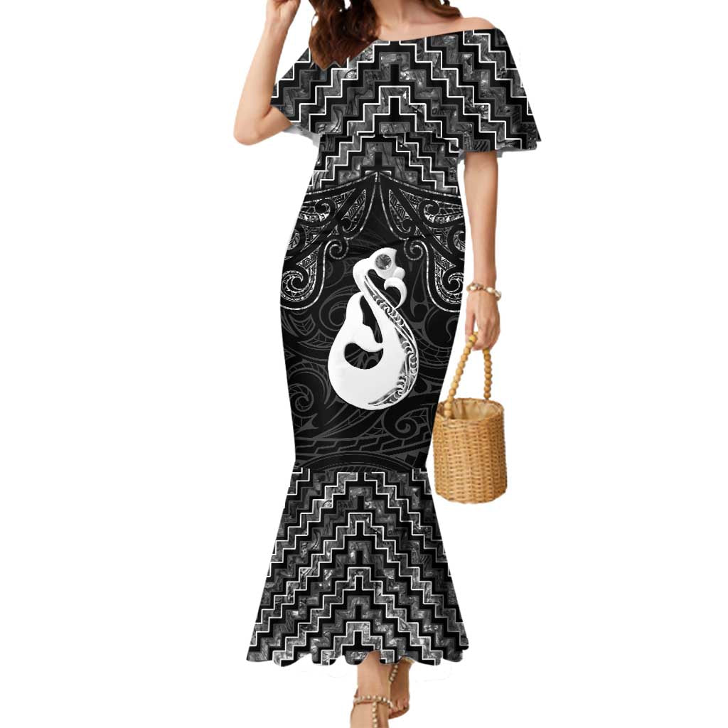 New Zealand Maori Mermaid Dress Poutama Manaia Black Paua Shell LT05 Women Black - Polynesian Pride