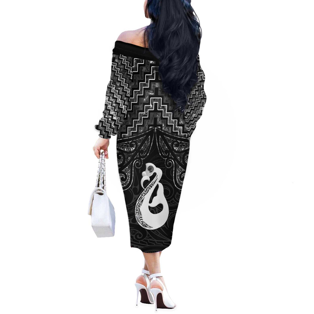 New Zealand Maori Off The Shoulder Long Sleeve Dress Poutama Manaia Black Paua Shell LT05 - Polynesian Pride