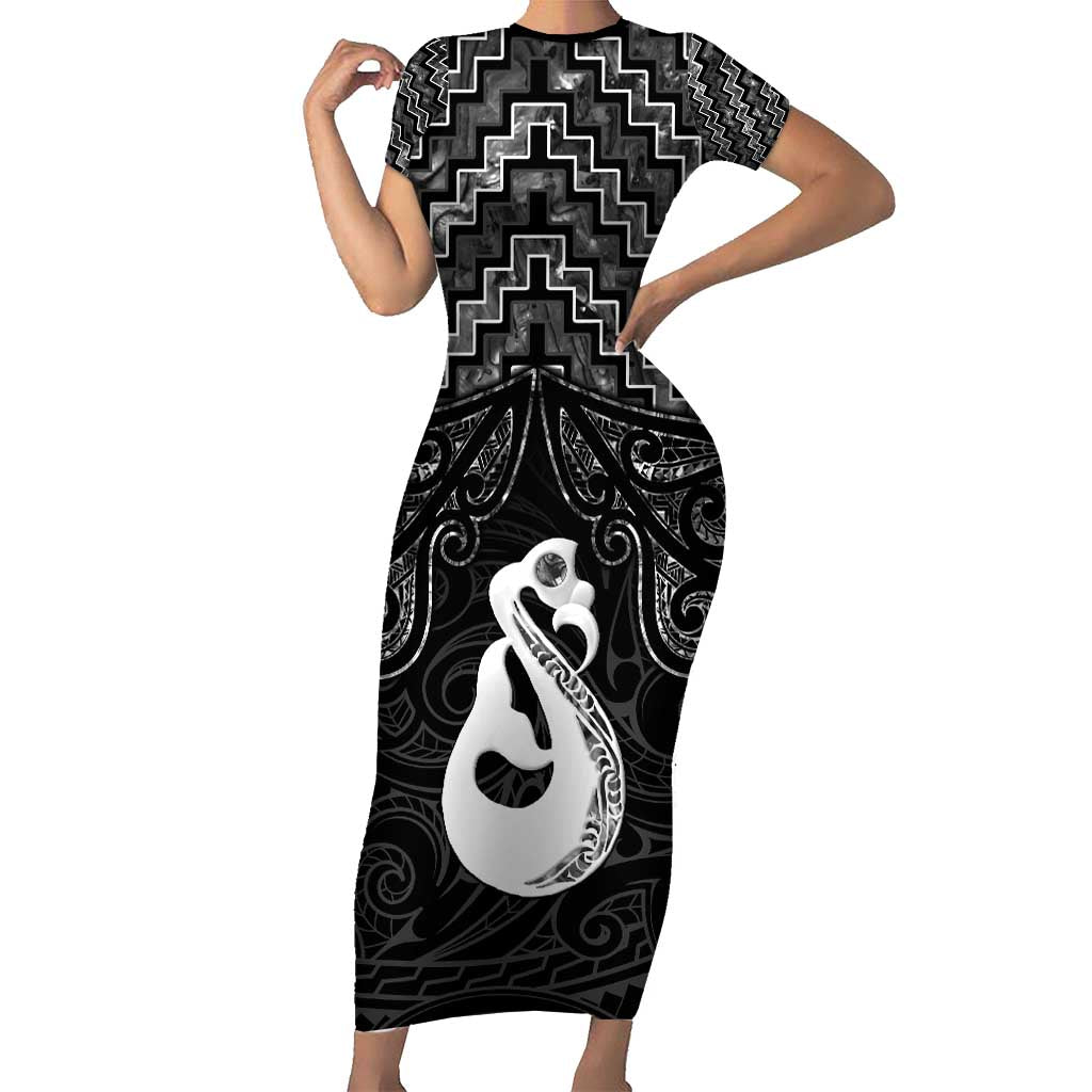 New Zealand Maori Short Sleeve Bodycon Dress Poutama Manaia Black Paua Shell LT05 Long Dress Black - Polynesian Pride