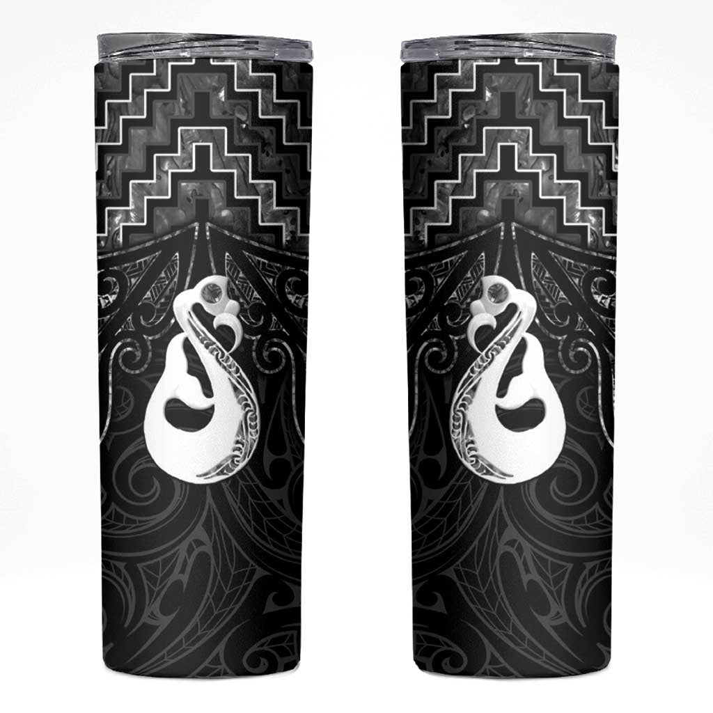New Zealand Maori Skinny Tumbler Poutama Manaia Black Paua Shell LT05 Black - Polynesian Pride