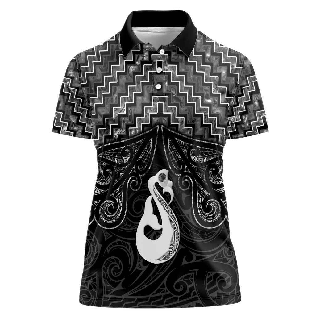 New Zealand Maori Women Polo Shirt Poutama Manaia Black Paua Shell LT05 Female Black - Polynesian Pride