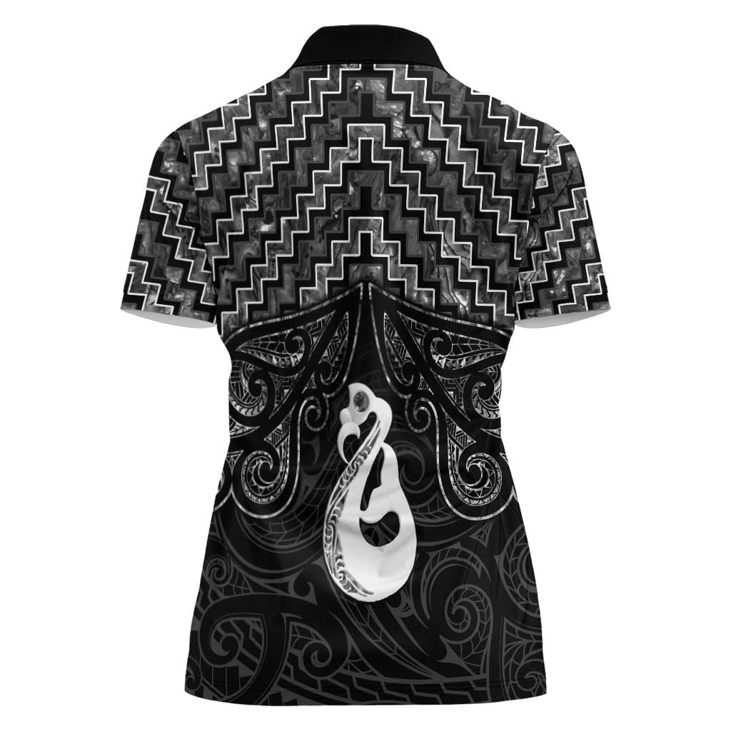 New Zealand Maori Women Polo Shirt Poutama Manaia Black Paua Shell LT05 - Polynesian Pride