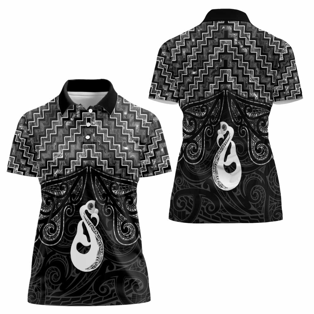 New Zealand Maori Women Polo Shirt Poutama Manaia Black Paua Shell LT05 - Polynesian Pride