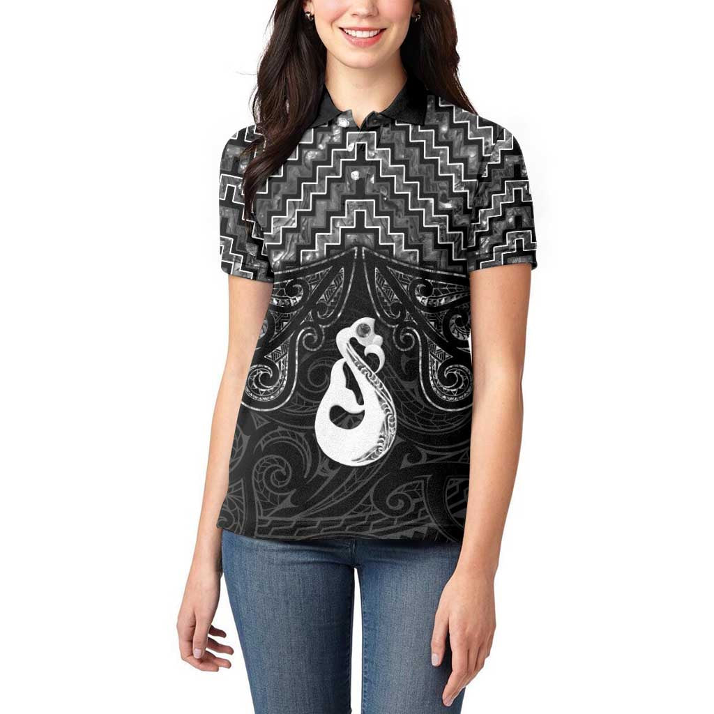 New Zealand Maori Women Polo Shirt Poutama Manaia Black Paua Shell LT05 - Polynesian Pride