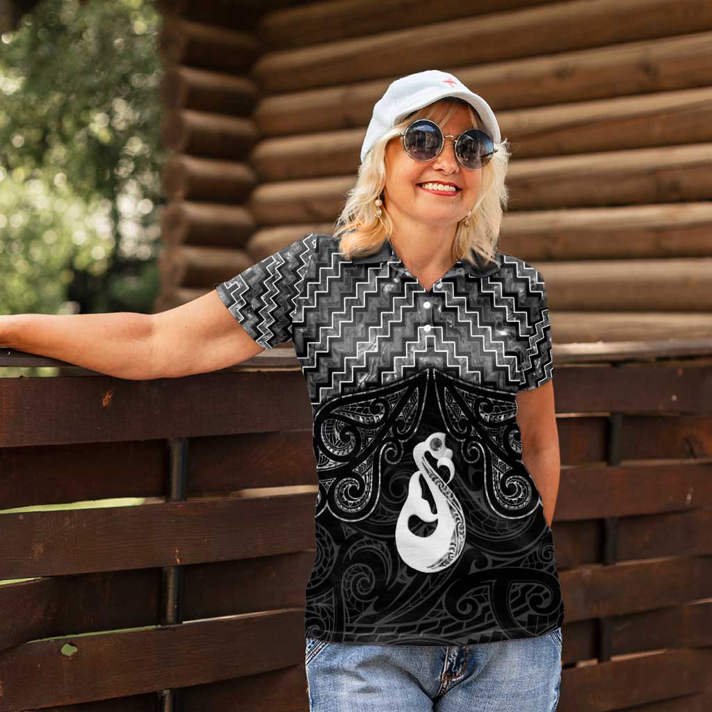 New Zealand Maori Women Polo Shirt Poutama Manaia Black Paua Shell LT05 - Polynesian Pride