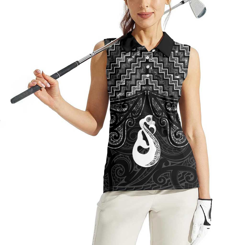 New Zealand Maori Women Sleeveless Polo Shirt Poutama Manaia Black Paua Shell LT05 - Polynesian Pride