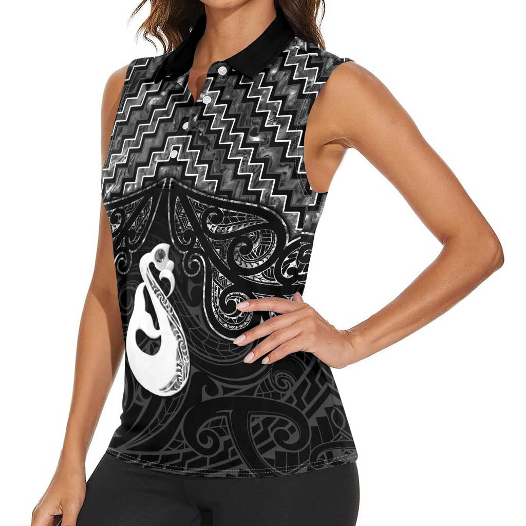 New Zealand Maori Women Sleeveless Polo Shirt Poutama Manaia Black Paua Shell LT05 - Polynesian Pride