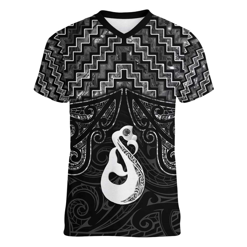 New Zealand Maori Women V-Neck T-Shirt Poutama Manaia Black Paua Shell LT05 Female Black - Polynesian Pride