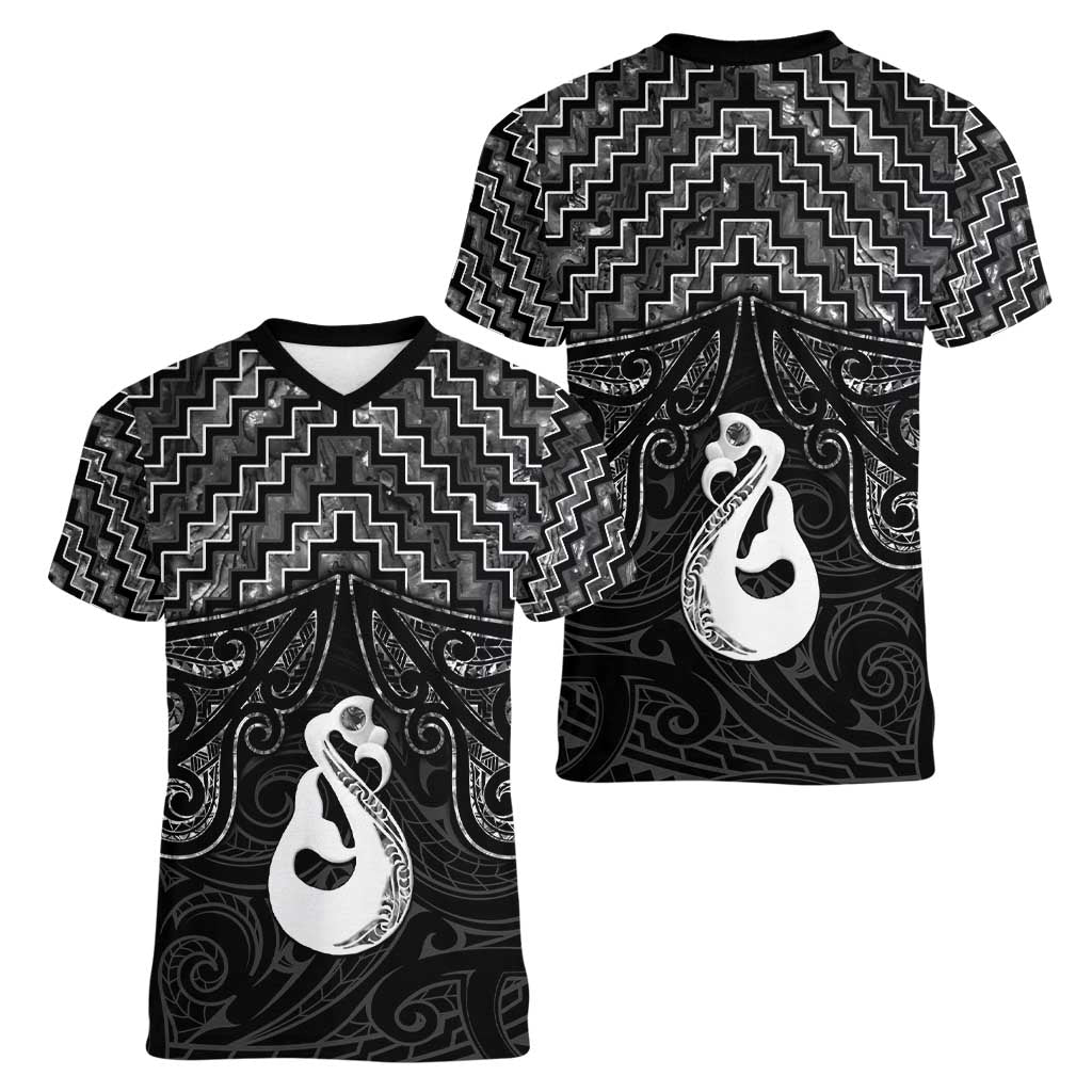 New Zealand Maori Women V-Neck T-Shirt Poutama Manaia Black Paua Shell LT05 - Polynesian Pride