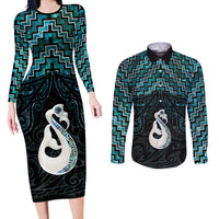 New Zealand Maori Couples Matching Long Sleeve Bodycon Dress and Long Sleeve Button Shirt Poutama Manaia Turquoise Paua Shell LT05 Turquoise - Polynesian Pride