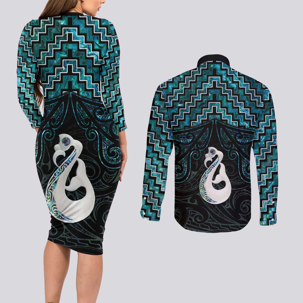 New Zealand Maori Couples Matching Long Sleeve Bodycon Dress and Long Sleeve Button Shirt Poutama Manaia Turquoise Paua Shell LT05 - Polynesian Pride