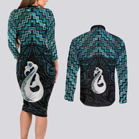 New Zealand Maori Couples Matching Long Sleeve Bodycon Dress and Long Sleeve Button Shirt Poutama Manaia Turquoise Paua Shell LT05 - Polynesian Pride