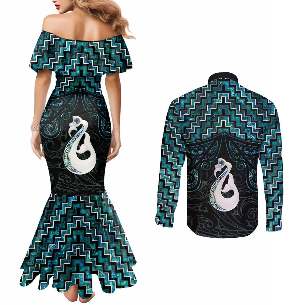 New Zealand Maori Couples Matching Mermaid Dress and Long Sleeve Button Shirt Poutama Manaia Turquoise Paua Shell LT05 - Polynesian Pride