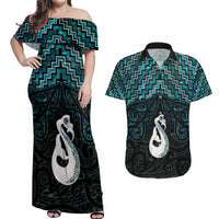 New Zealand Maori Couples Matching Off Shoulder Maxi Dress and Hawaiian Shirt Poutama Manaia Turquoise Paua Shell LT05 Turquoise - Polynesian Pride