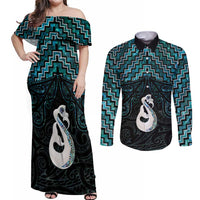 New Zealand Maori Couples Matching Off Shoulder Maxi Dress and Long Sleeve Button Shirt Poutama Manaia Turquoise Paua Shell LT05 Turquoise - Polynesian Pride