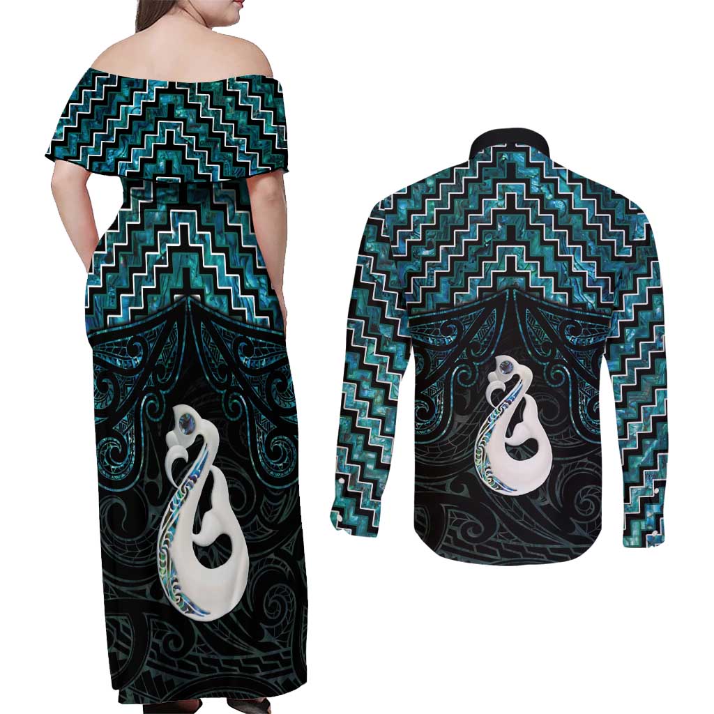 New Zealand Maori Couples Matching Off Shoulder Maxi Dress and Long Sleeve Button Shirt Poutama Manaia Turquoise Paua Shell LT05 - Polynesian Pride