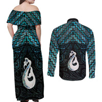 New Zealand Maori Couples Matching Off Shoulder Maxi Dress and Long Sleeve Button Shirt Poutama Manaia Turquoise Paua Shell LT05 - Polynesian Pride