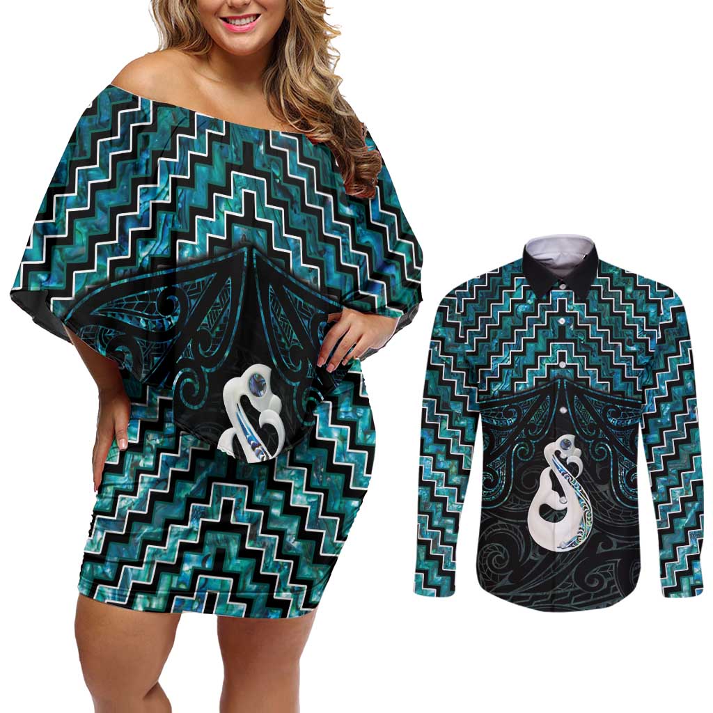 New Zealand Maori Couples Matching Off Shoulder Short Dress and Long Sleeve Button Shirt Poutama Manaia Turquoise Paua Shell LT05 Turquoise - Polynesian Pride