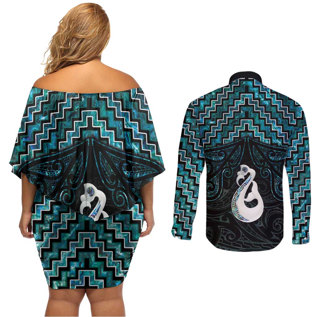 New Zealand Maori Couples Matching Off Shoulder Short Dress and Long Sleeve Button Shirt Poutama Manaia Turquoise Paua Shell LT05 - Polynesian Pride