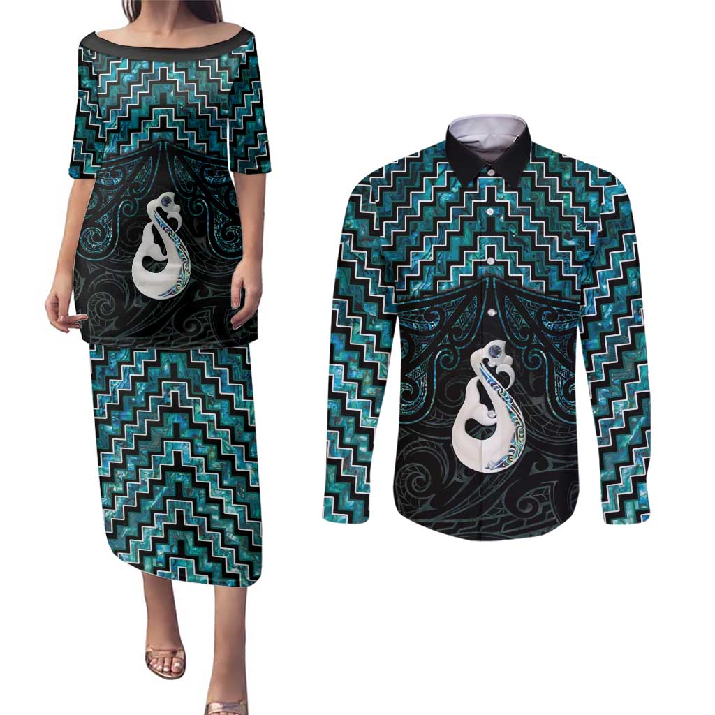 New Zealand Maori Couples Matching Puletasi and Long Sleeve Button Shirt Poutama Manaia Turquoise Paua Shell LT05 Turquoise - Polynesian Pride