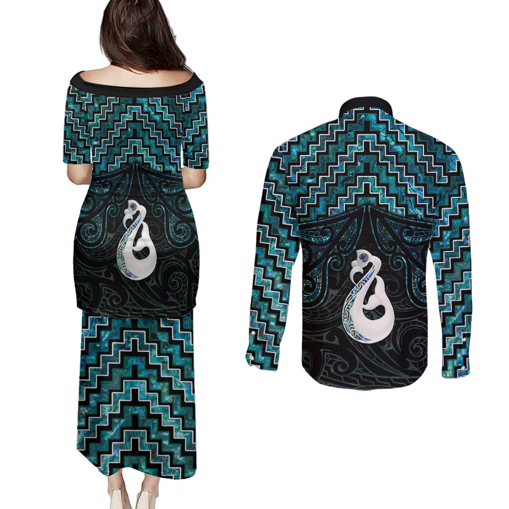 New Zealand Maori Couples Matching Puletasi and Long Sleeve Button Shirt Poutama Manaia Turquoise Paua Shell LT05 - Polynesian Pride