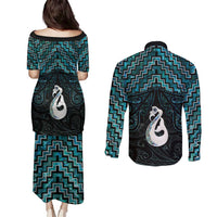 New Zealand Maori Couples Matching Puletasi and Long Sleeve Button Shirt Poutama Manaia Turquoise Paua Shell LT05 - Polynesian Pride