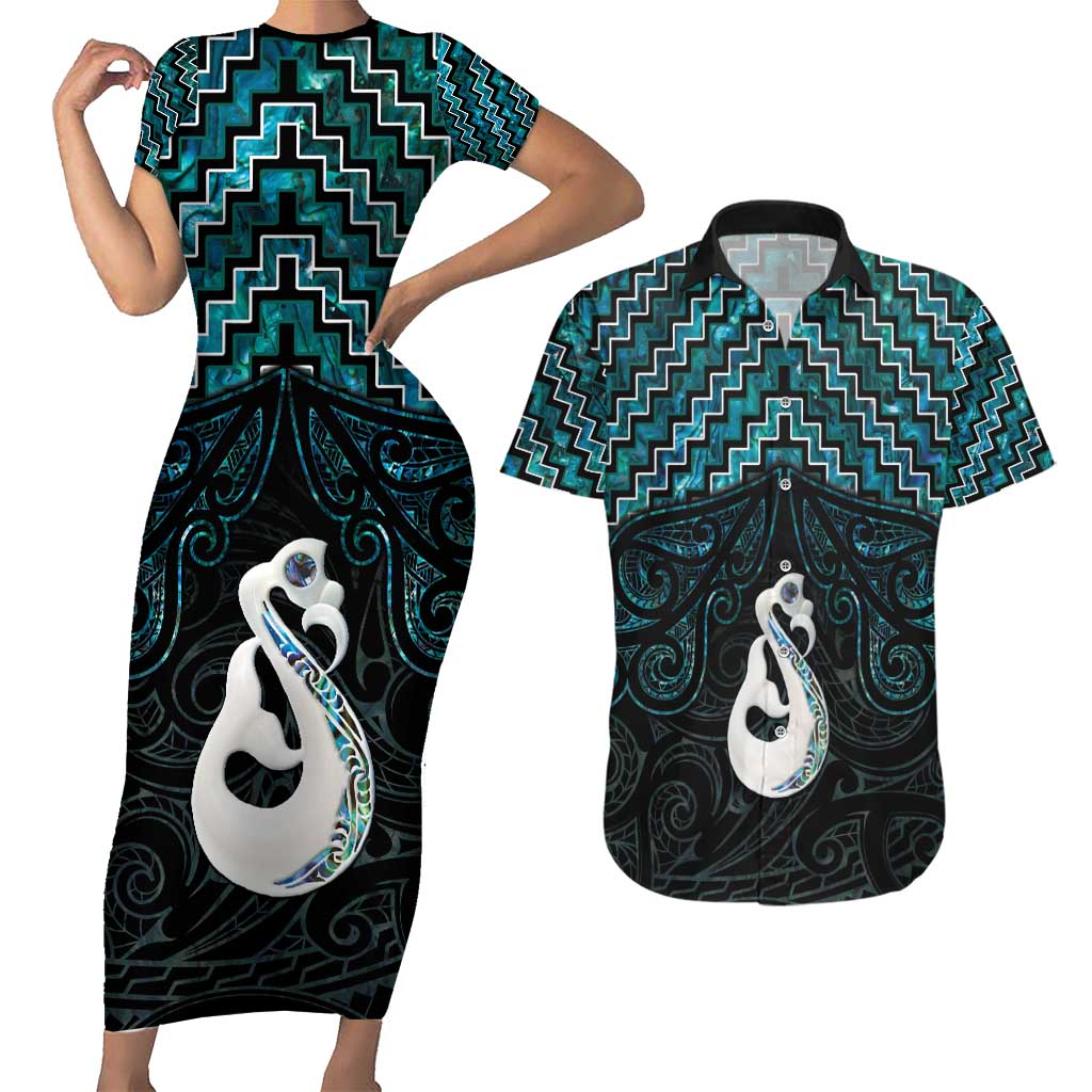 New Zealand Maori Couples Matching Short Sleeve Bodycon Dress and Hawaiian Shirt Poutama Manaia Turquoise Paua Shell LT05 Turquoise - Polynesian Pride