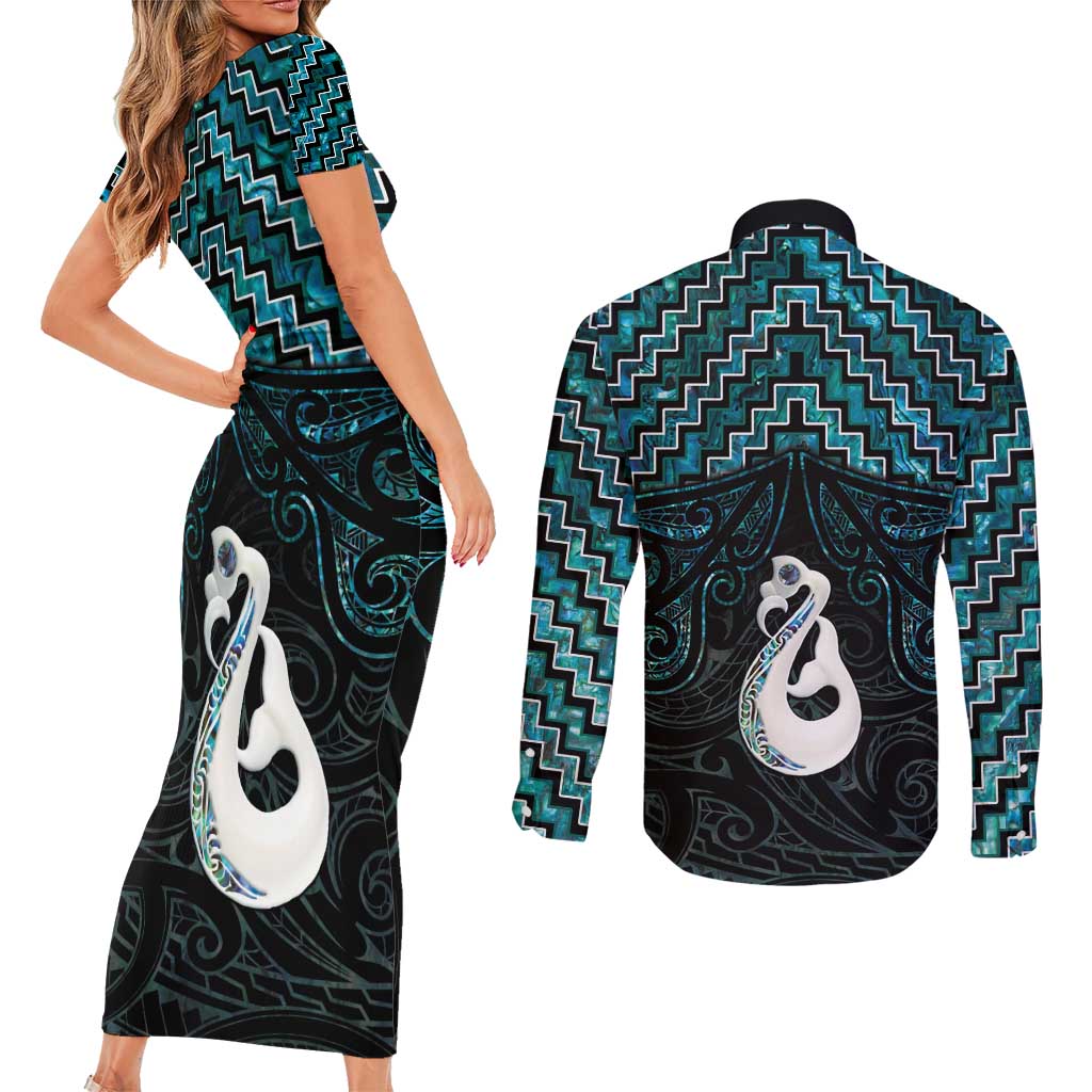 New Zealand Maori Couples Matching Short Sleeve Bodycon Dress and Long Sleeve Button Shirt Poutama Manaia Turquoise Paua Shell LT05 - Polynesian Pride