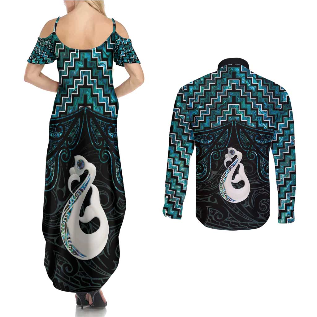 New Zealand Maori Couples Matching Summer Maxi Dress and Long Sleeve Button Shirt Poutama Manaia Turquoise Paua Shell LT05 - Polynesian Pride