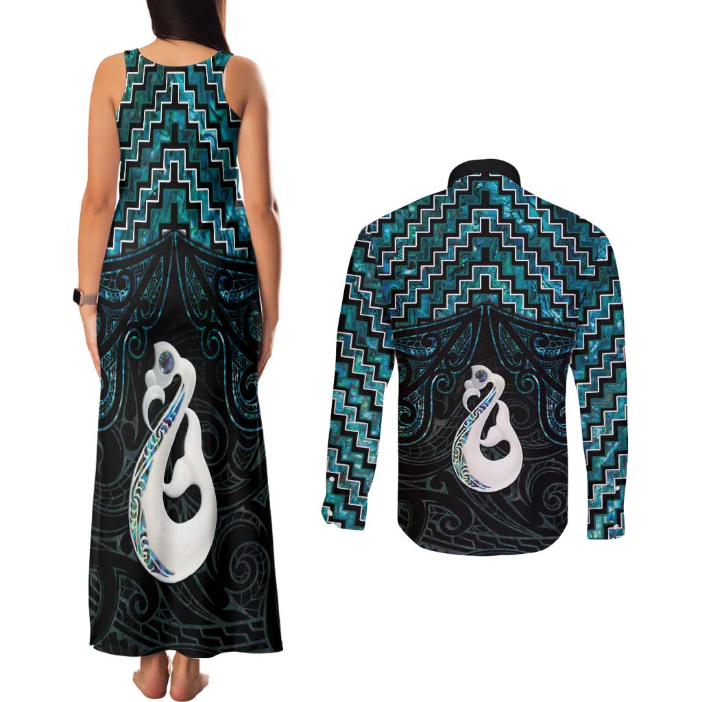 New Zealand Maori Couples Matching Tank Maxi Dress and Long Sleeve Button Shirt Poutama Manaia Turquoise Paua Shell LT05 - Polynesian Pride