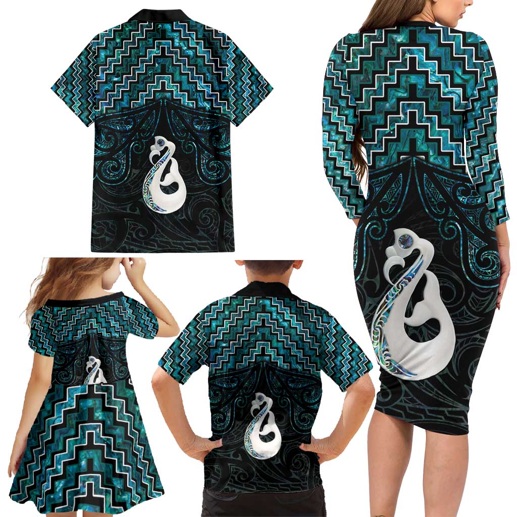 New Zealand Maori Family Matching Long Sleeve Bodycon Dress and Hawaiian Shirt Poutama Manaia Turquoise Paua Shell LT05 - Polynesian Pride