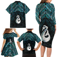 New Zealand Maori Family Matching Long Sleeve Bodycon Dress and Hawaiian Shirt Poutama Manaia Turquoise Paua Shell LT05 - Polynesian Pride