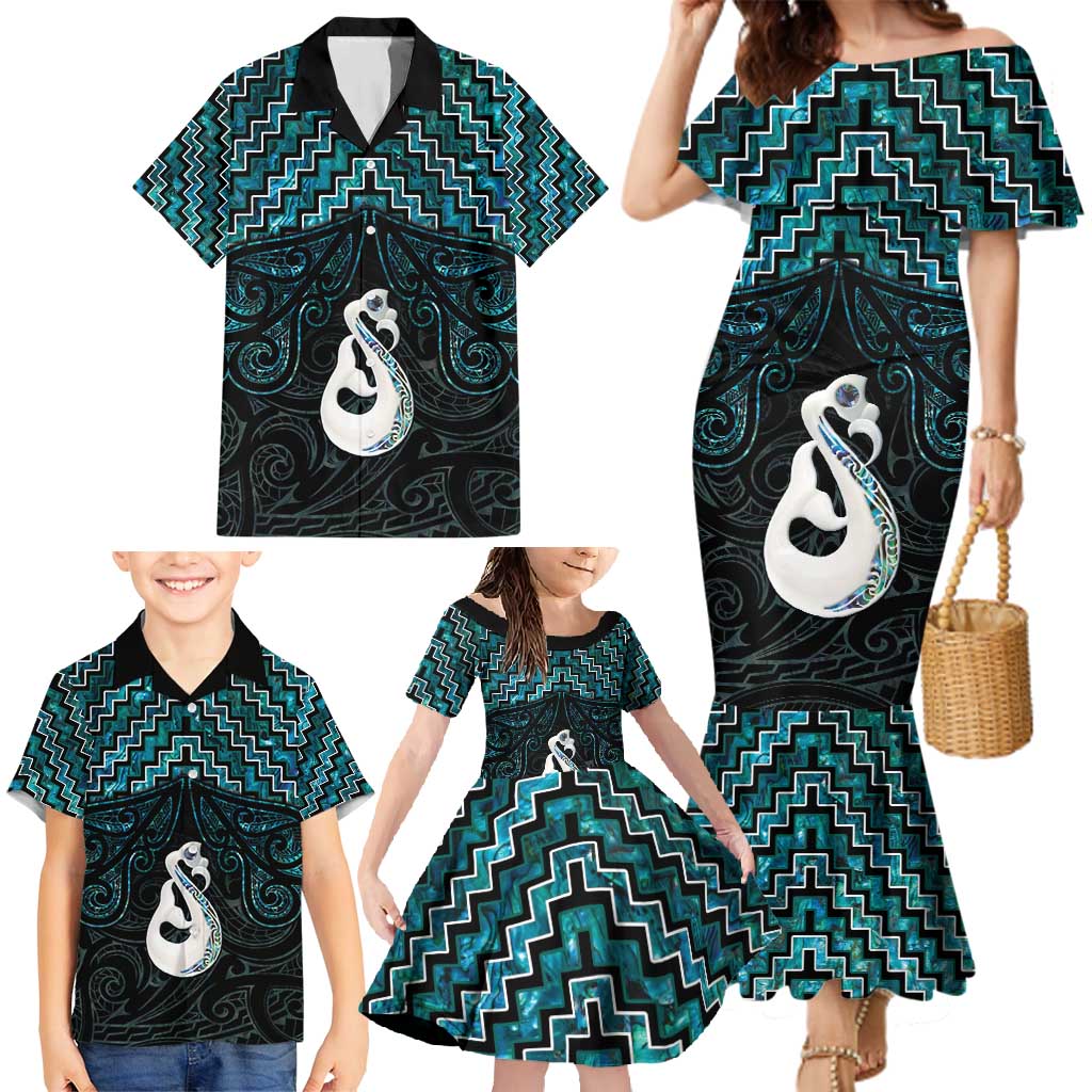 New Zealand Maori Family Matching Mermaid Dress and Hawaiian Shirt Poutama Manaia Turquoise Paua Shell LT05 - Polynesian Pride