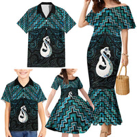 New Zealand Maori Family Matching Mermaid Dress and Hawaiian Shirt Poutama Manaia Turquoise Paua Shell LT05 - Polynesian Pride