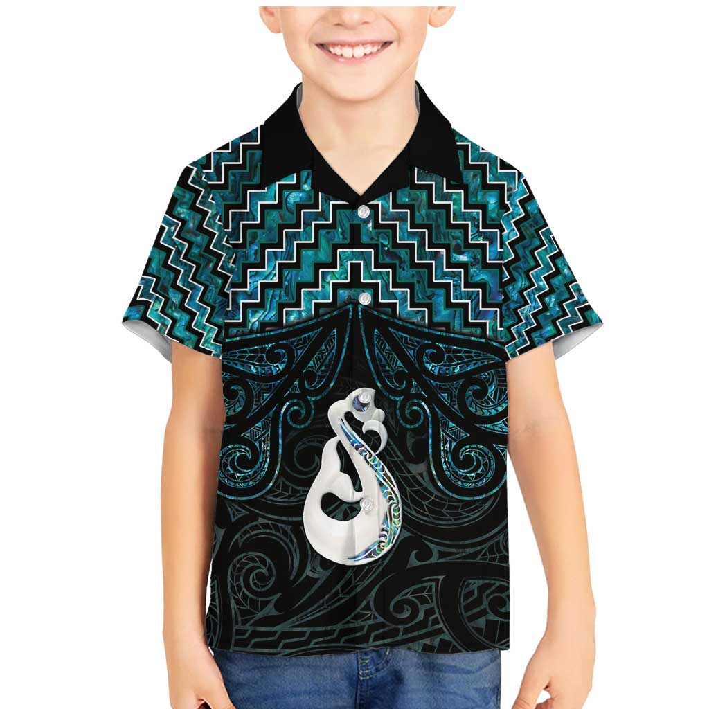New Zealand Maori Family Matching Mermaid Dress and Hawaiian Shirt Poutama Manaia Turquoise Paua Shell LT05 Son's Shirt Turquoise - Polynesian Pride